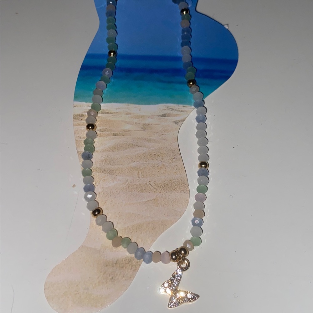 Beaded Pastel Anklet with gold blingy Butterfly Charm abt 9in adjusts 1 inch NWT